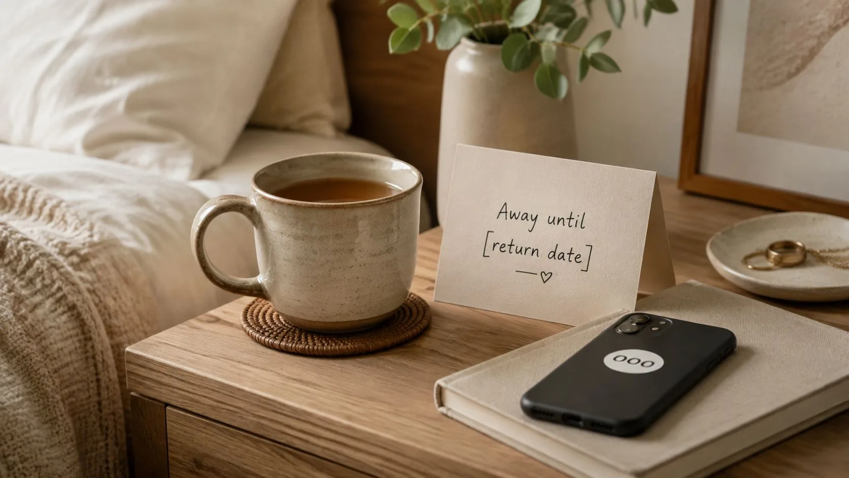Un accogliente comodino con una tazza di tè, un biglietto che dice Fuori fino alla data di ritorno e uno smartphone.
