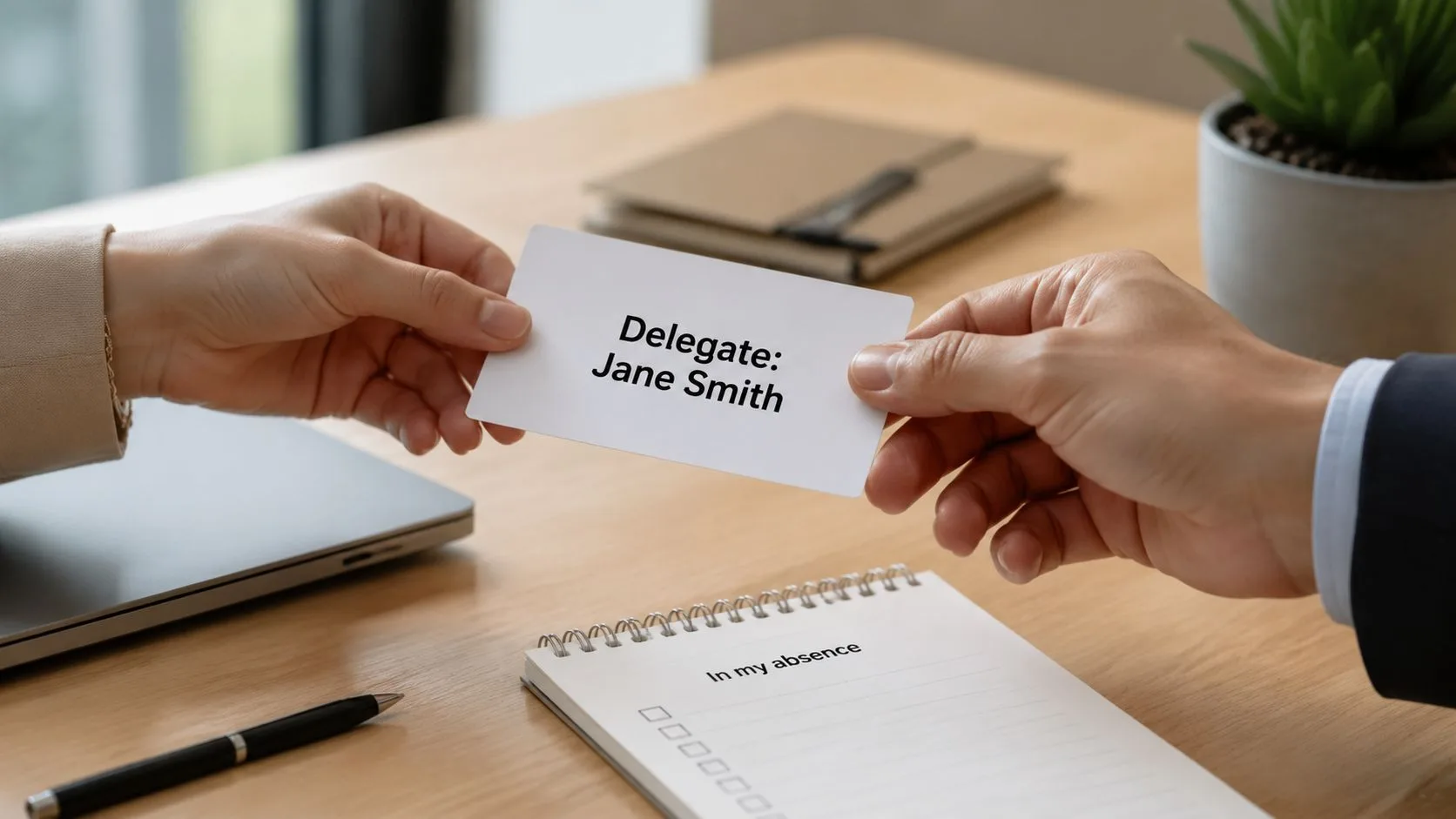 Due persone che si scambiano un biglietto da visita professionale che recita Delegato: Jane Smith durante una riunione di passaggio di consegne.