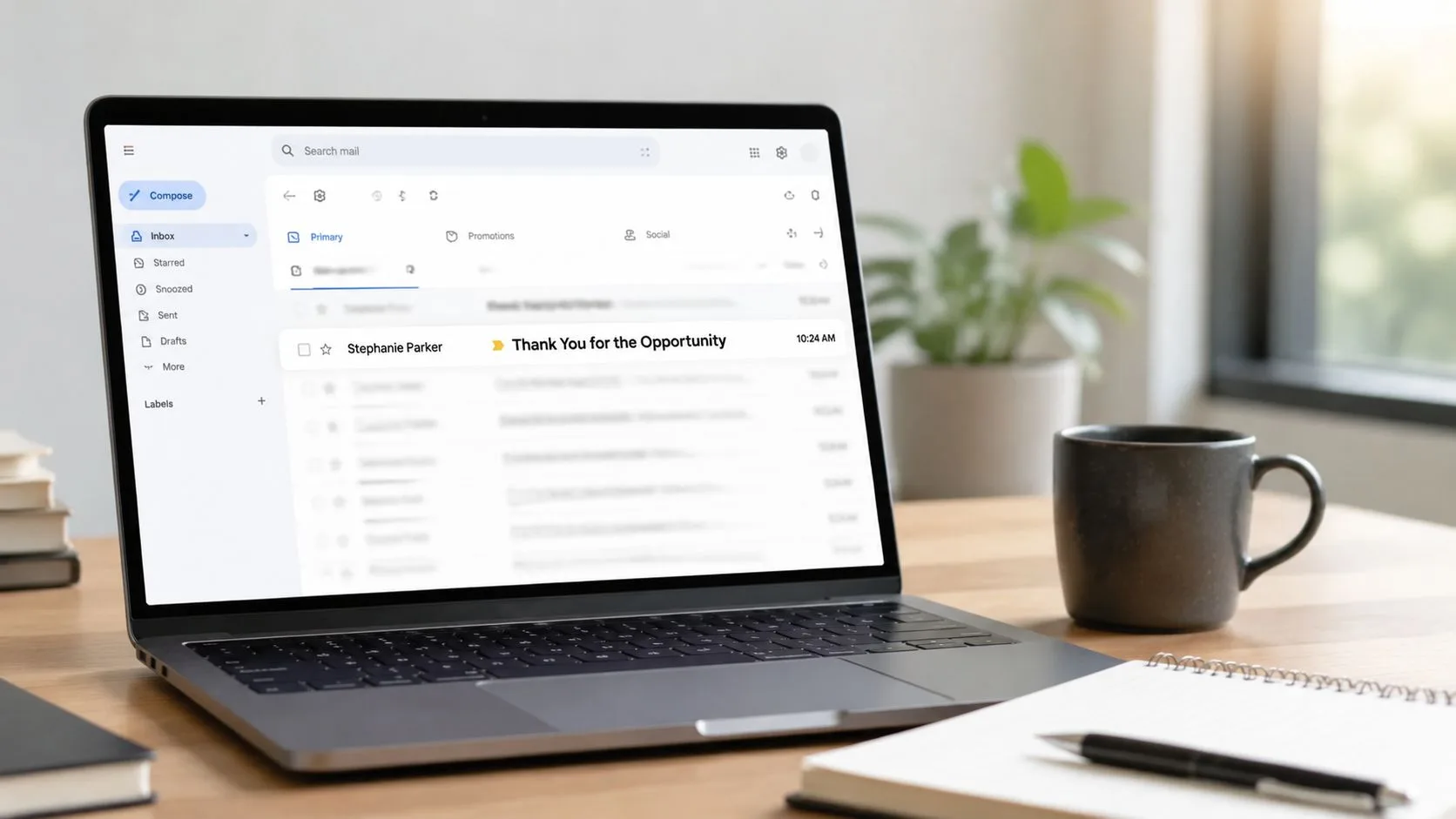 A modern laptop on a wooden desk showing an email with thank you interview subject line.