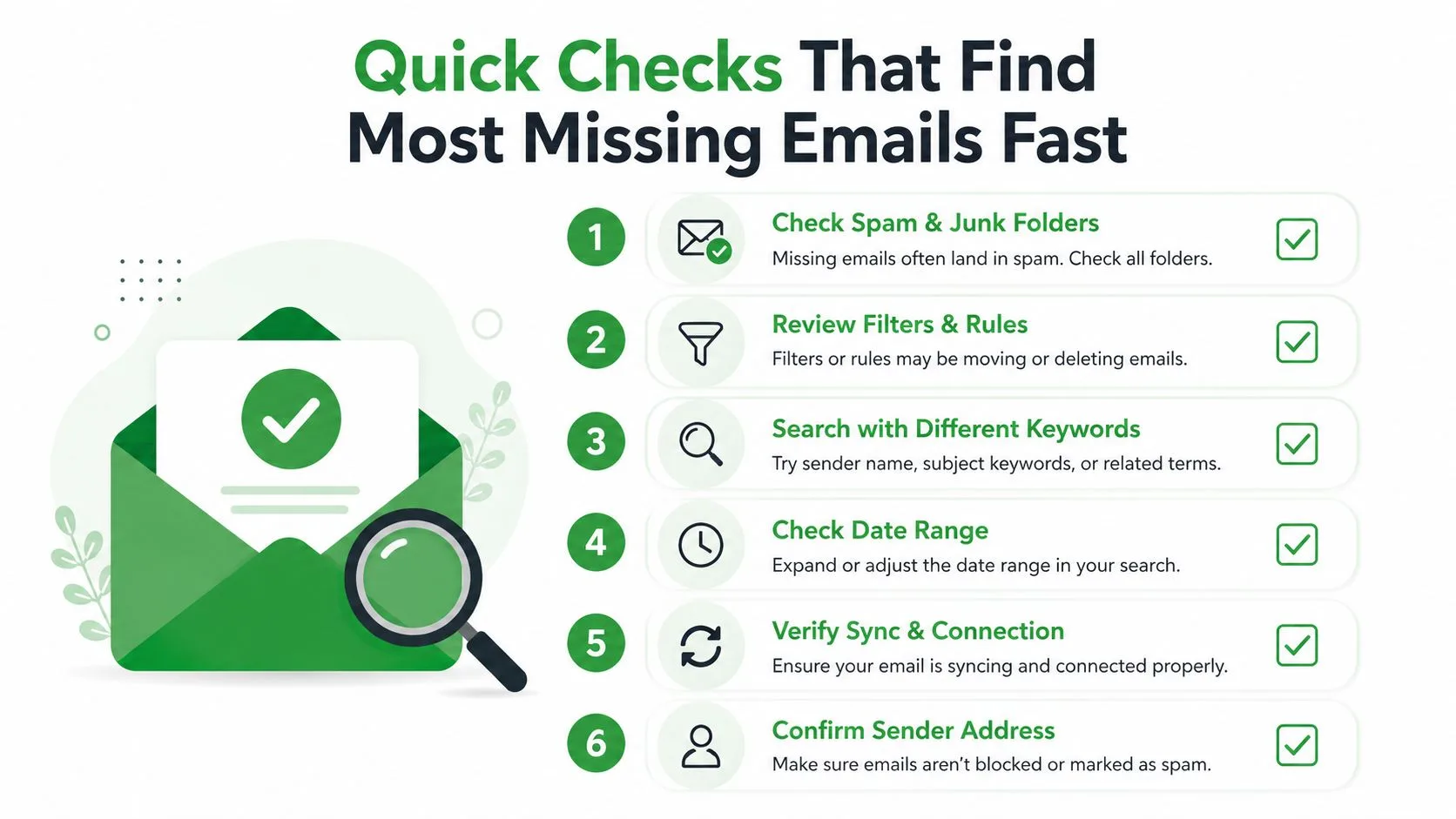 A list of six quick troubleshooting steps to help users locate missing emails in their inbox.
