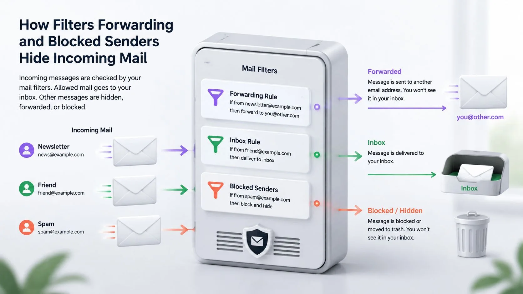 A diagram illustrating how email filters, forwarding rules, and blocked senders manage incoming messages in an inbox.