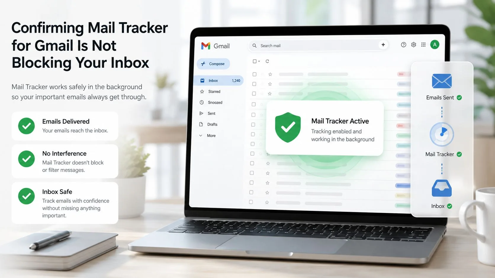 A laptop showing an email tracking extension notification over an open Gmail inbox on a desk.